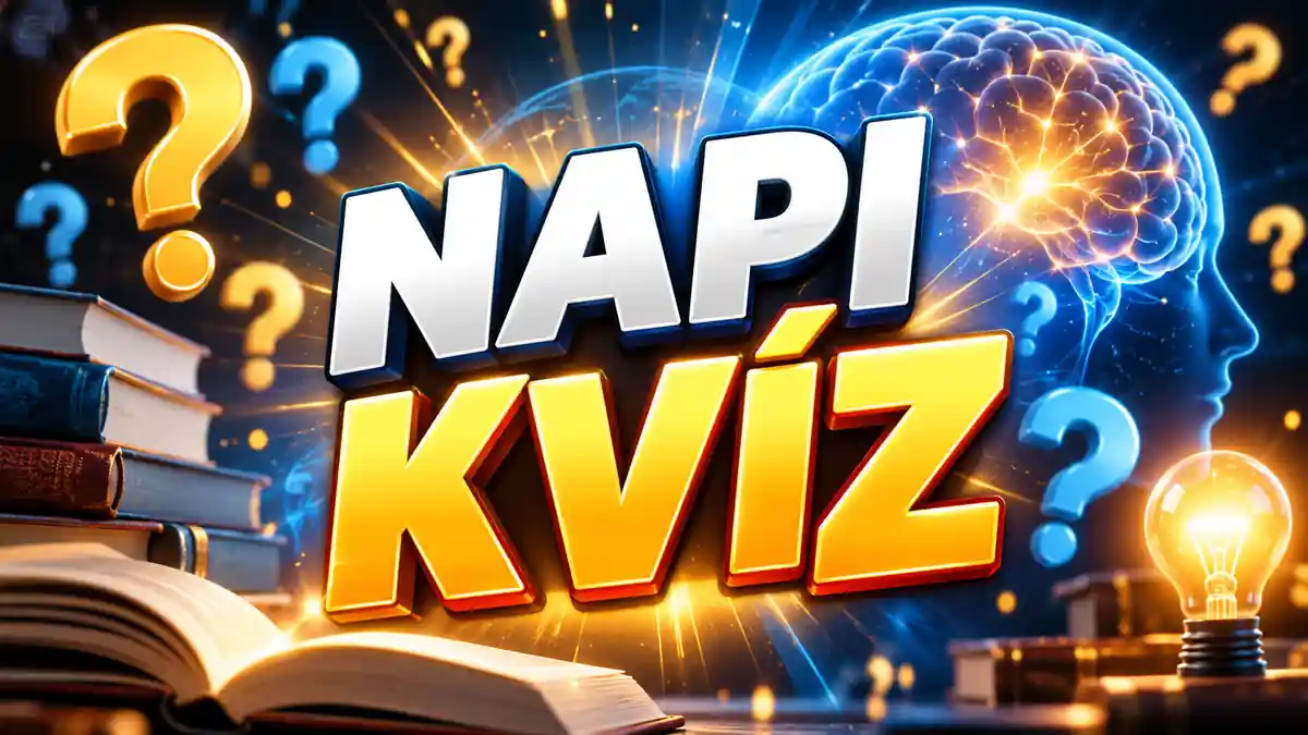 Napi kvíz felirat kérdőjelekkel, könyvekkel és világító agy illusztrációval