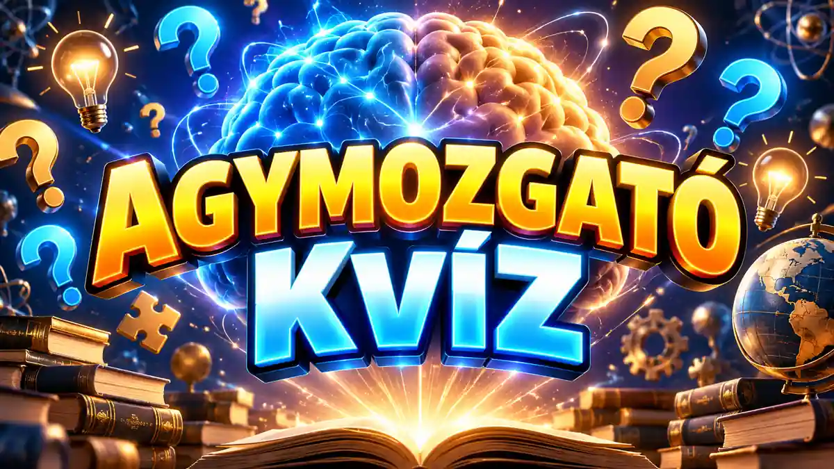Agymozgató kvíz felirat világító agy, kérdőjelek, könyvek és földgömb illusztrációval