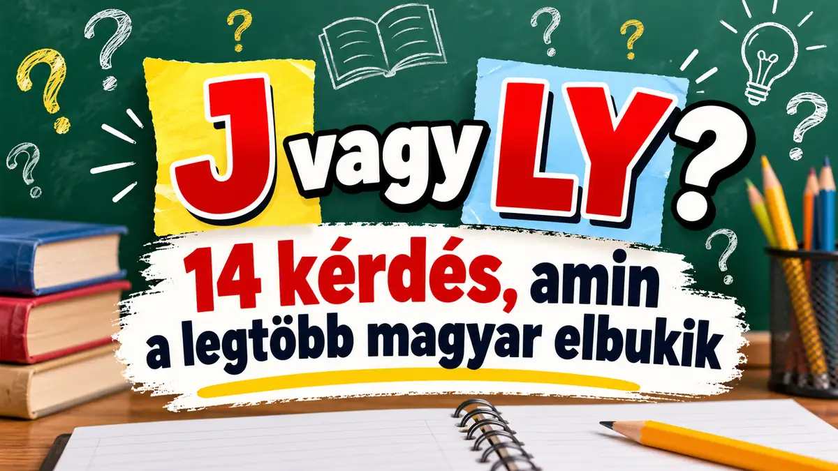 J vagy LY? helyesírási kvíz felirat táblával, könyvekkel és ceruzákkal