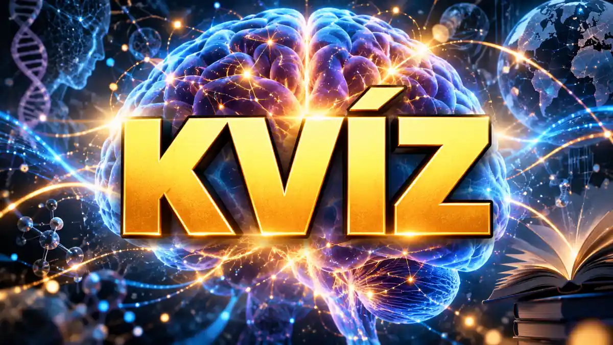 Kvíz felirat világító emberi agy, könyvek és földgömb előtt