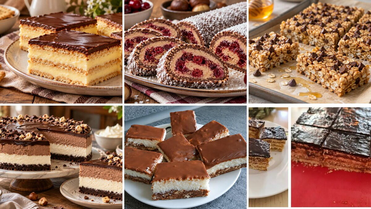 Hat sütés nélküli sütemény: álom szelet, gesztenyés-meggyes tekercs, zabpelyhes szelet, nutellás torta, kókuszos szelet és zserbó