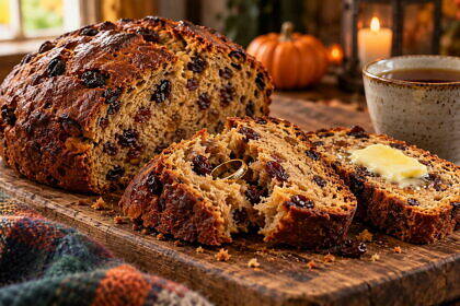 Barmbrack, az ír halloweeni kalács, amibe gyűrűt sütnek, és jóslatot rejt