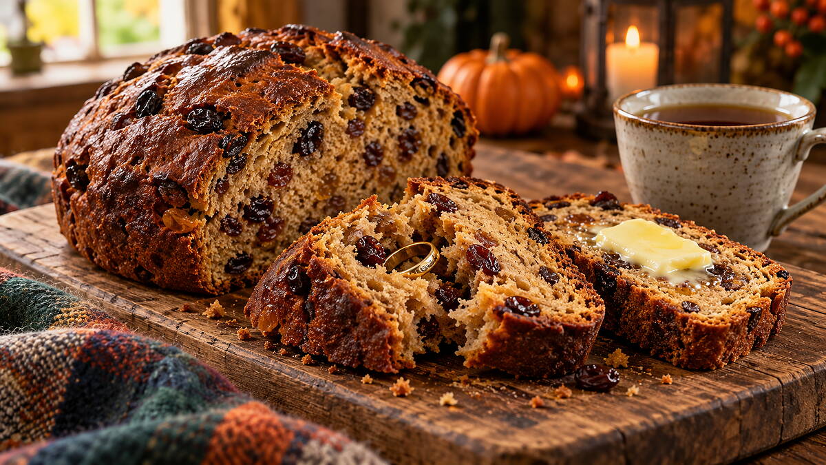Barmbrack, az ír halloweeni kalács, amibe gyűrűt sütnek, és jóslatot rejt