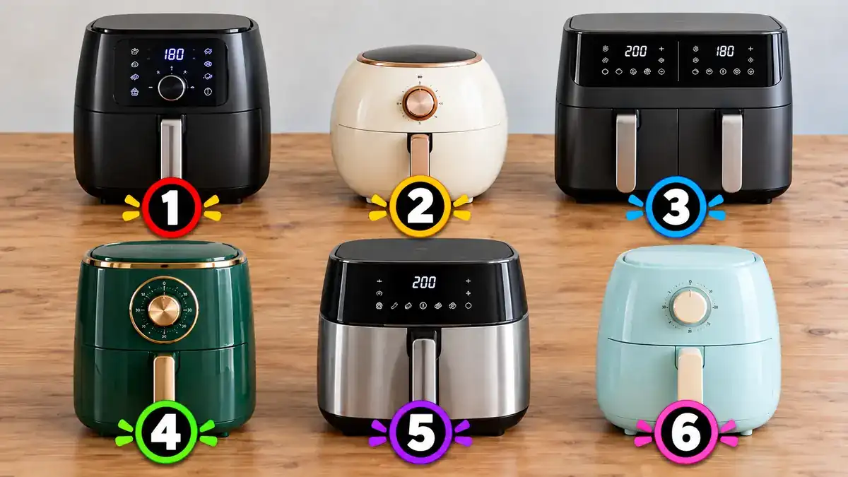 Hat különböző színű és formájú airfryer számozva egy fa asztalon
